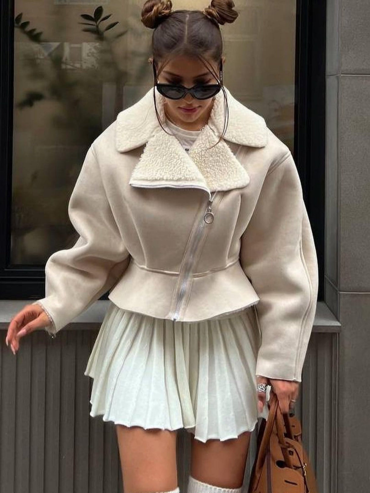 Lapel Lamb Wool Zip-up Long-sleeved Solid Color Autumn And Winter Short Jacket