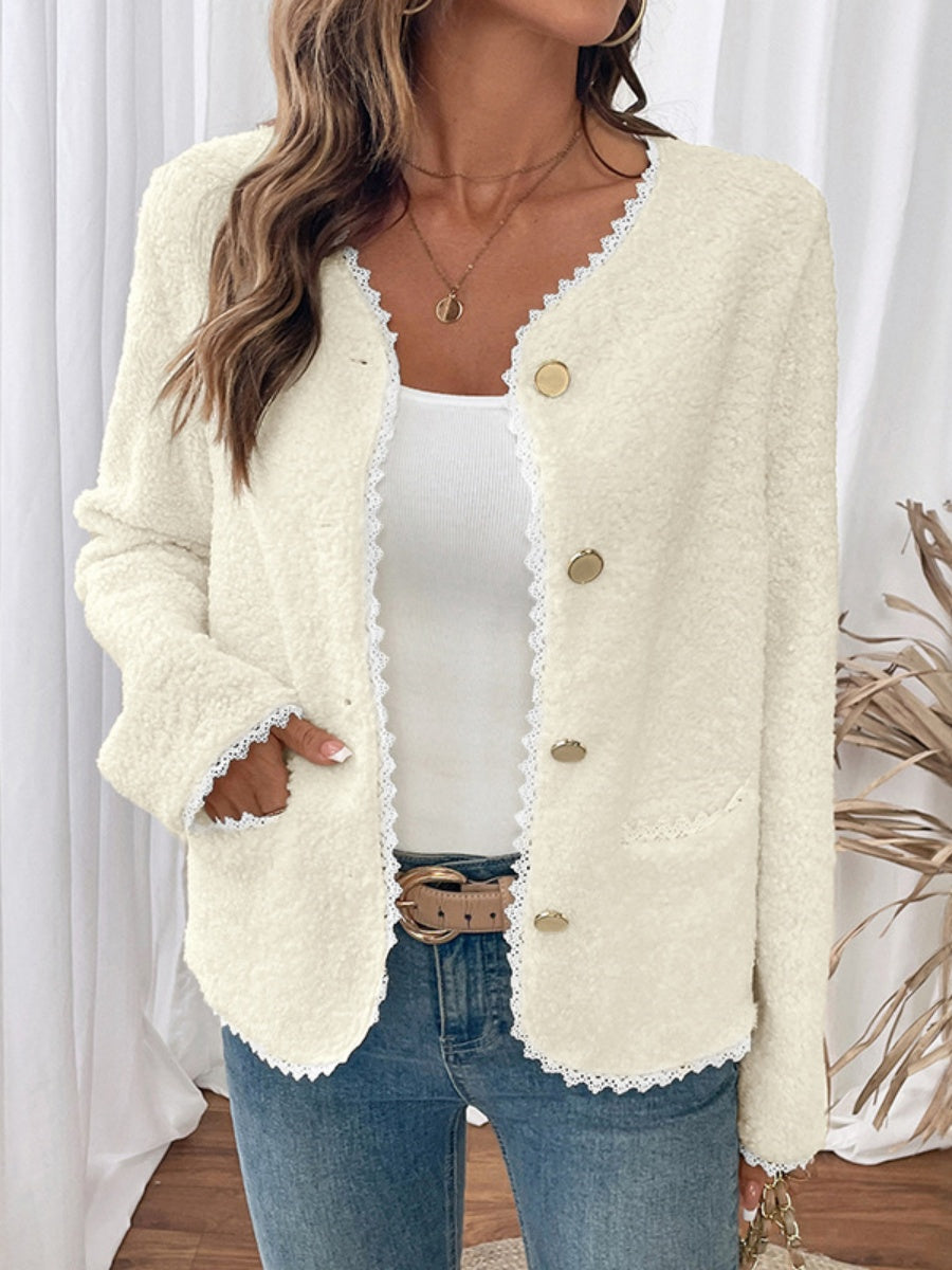 Splicing Buttons Off-white lace cardigan jacket