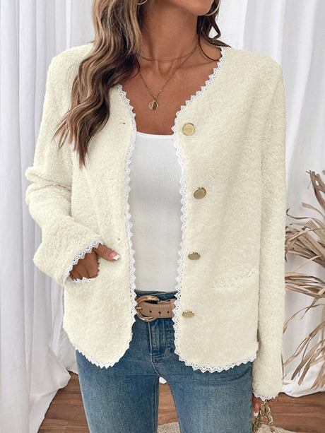 Splicing Buttons Off-white lace cardigan jacket