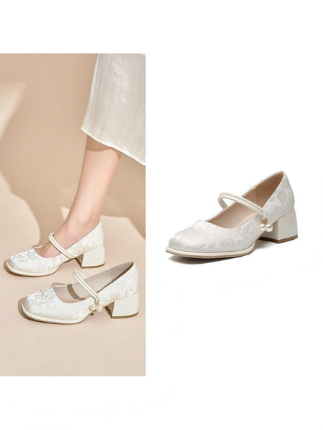 Liber Spring and Autumn Embroidery Print Pearl Women's High Heel Mary Jane Shoes