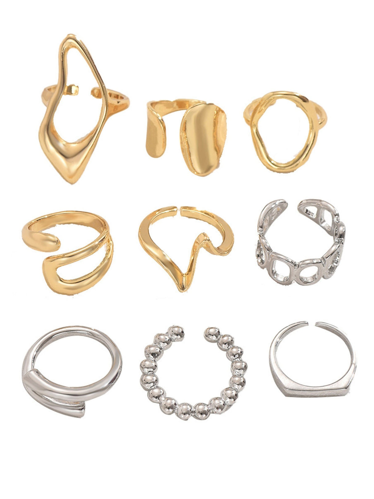 9-piece Set Adjustable Opening Geometric Design Rings