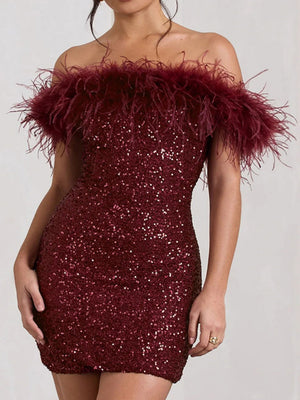 Strapless Feather Sequins Splicing Off Shoulder Dinner Short Dress For Cocktail Party