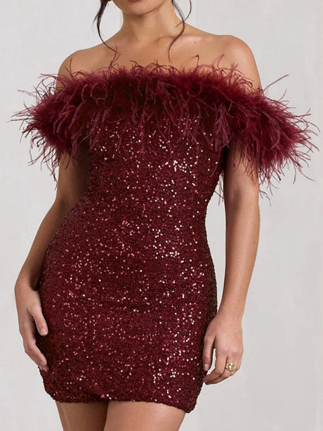 Strapless Feather Sequins Splicing Off Shoulder Dinner Short Dress For Cocktail Party