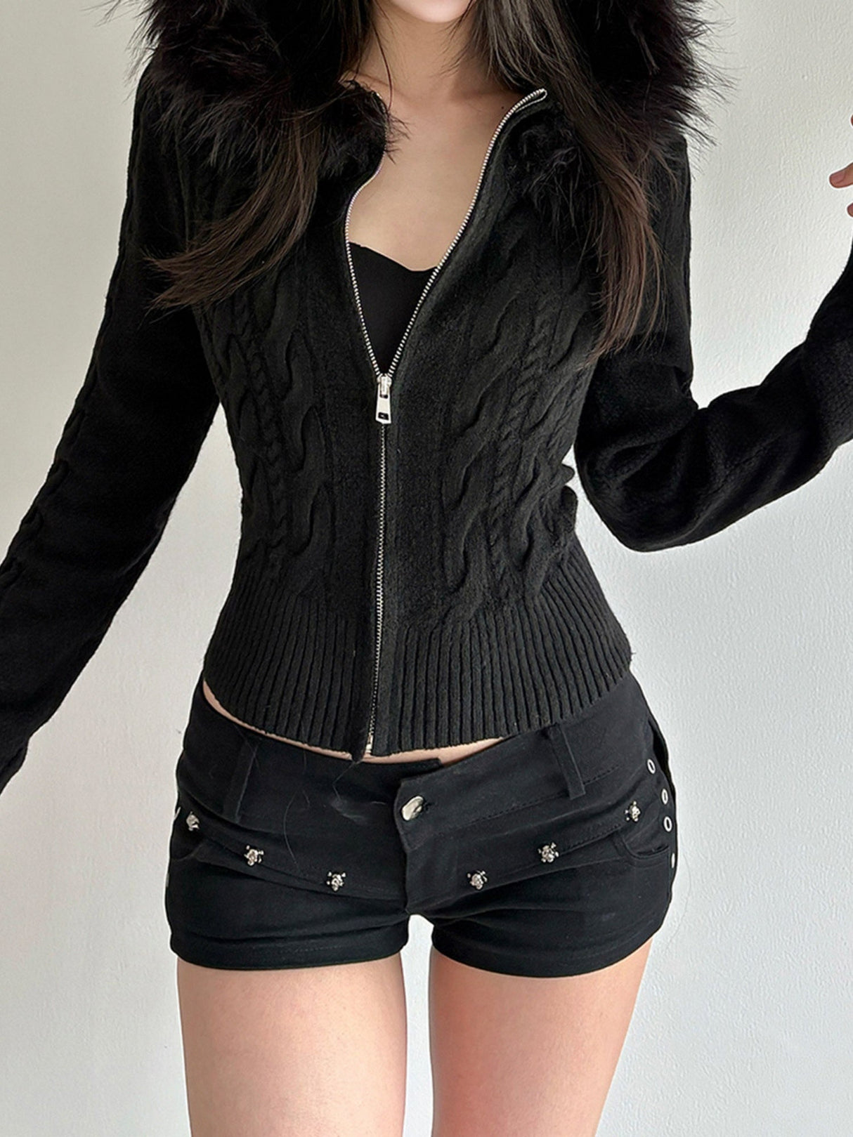 Plush Patchwork Hoodies Zipper Cable Knit Sweater Cardigans