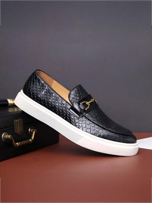 Snakeskin Embossed Horseshoe Buckle Slip-on Loafers