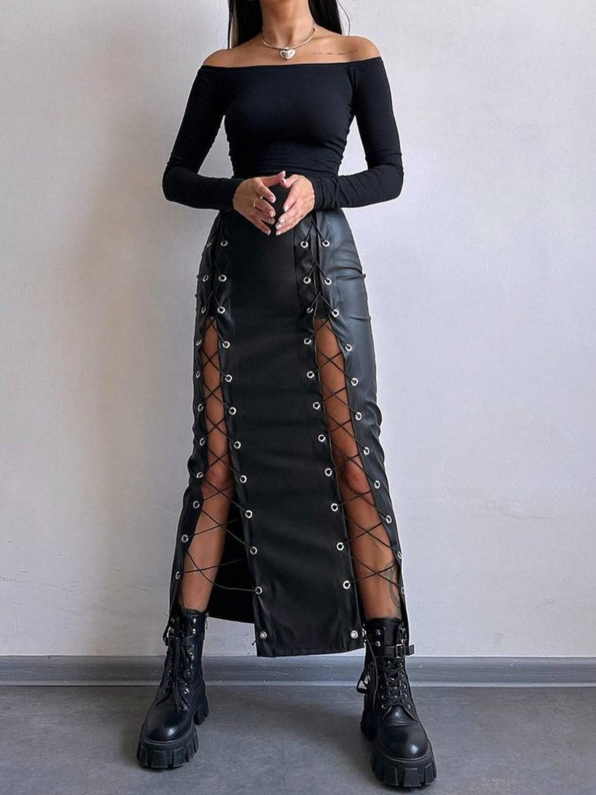 Lace Up Slit PU Leather Bodycon Skirt