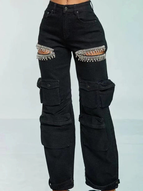 Y4K Rhinestone-studded Hole Multiple Pockets Wash Water Jeans