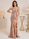 Feather Splicing Sequined V-neck Backless Evening Gown High-slit Suspenders Maxi Dresses
