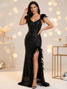 Feather Splicing Sequined V-neck Backless Evening Gown High-slit Suspenders Maxi Dresses