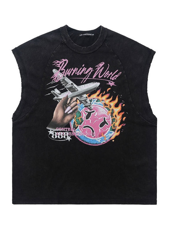 Retro Washing Water Printed Tank Tops