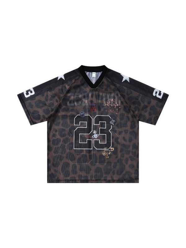Retro Leopard Print Printed Net Hole Jersey Breathable T-shirts