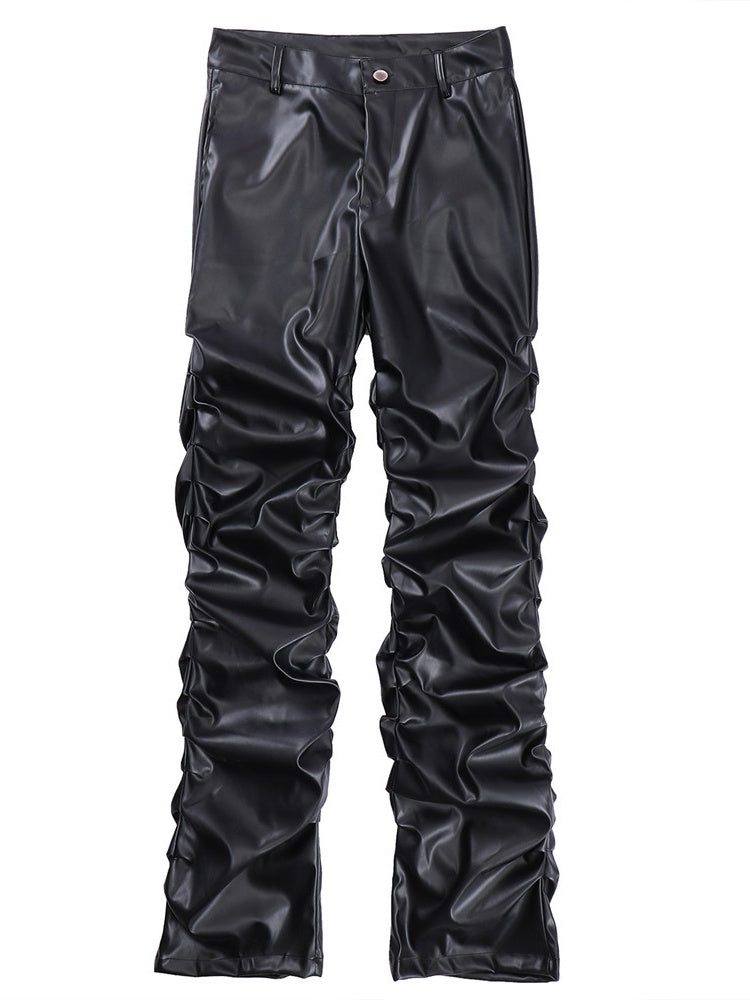 Pantalon en cuir PU plissé brillant style Dark-Punk