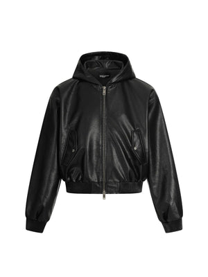 Hooded Short And Wide Black Relief Pattern Locomotive PU Jackets