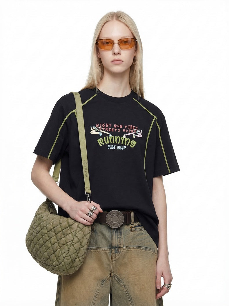 Suede Imitation Embroidery Printed Color-blocked T-shirts