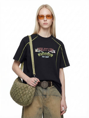 Suede Imitation Embroidery Printed Color-blocked T-shirts