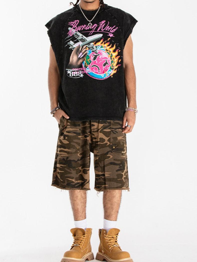 Retro Washing Water Printed Tank Tops