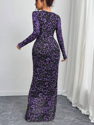 Leopard Mesh Printing Pleats Sexy Tight Fit Crew Neck Maxi Dresses