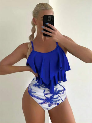 Ruffled Multi-Layer Coconut Tree Print Bikini