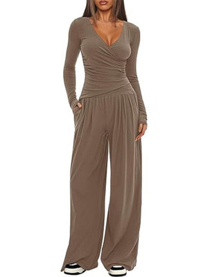Long Sleeve V-neck T-shirt Loose-fit Wide-leg Pants Leisure 2-piece Sets