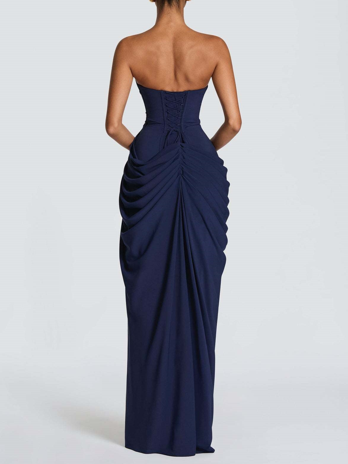 Asymmetrical Pleated Sexy High-slit Strapless Pleated Long Dress