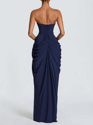 Asymmetrical Pleated Sexy High-slit Strapless Pleated Long Dress