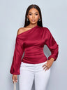 Satin Drawstring Asymmetrical Long-sleeved Slanted Neck T-shirt