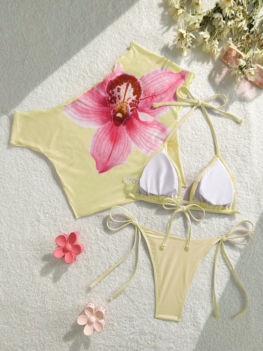 Finalized Floral Print Tie-up Bikini Three-piece Set