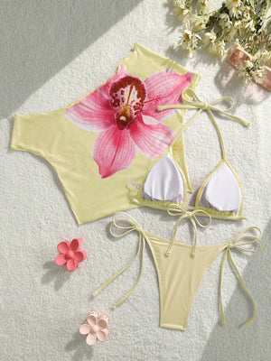 Finalized Floral Print Tie-up Bikini Three-piece Set
