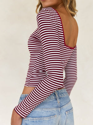 Simplicity Contrasting Colors Stripes Backless Long Sleeve T-shirts