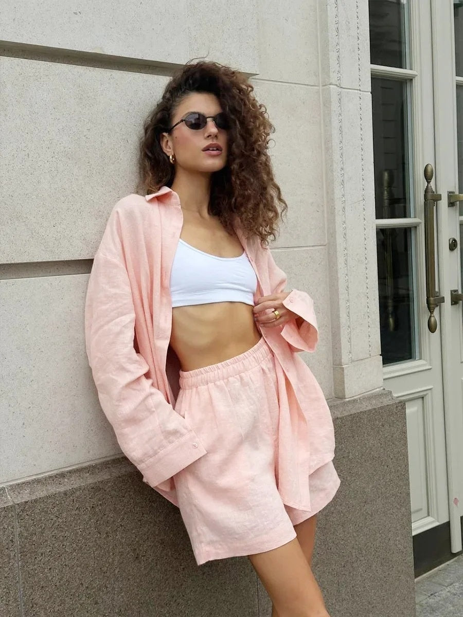 Loose-fit Long Sleeve Shirts Shorts Set 2-piece Sets