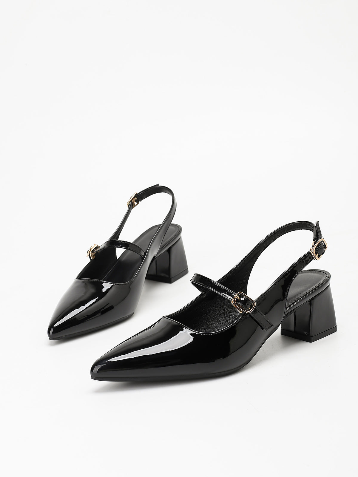 Metal Buckle Pointed Toe Open Back Chunky Heel Mary Jane Shoes