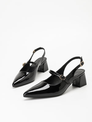 Metal Buckle Pointed Toe Open Back Chunky Heel Mary Jane Shoes