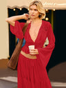 Two-piece Set: Lace Chiffon Cardigan Top, Loose-fitting Sheer Belted Skirt