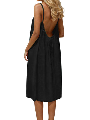 Ice Silk Linen Backless Halter Solid Color Midi Dress