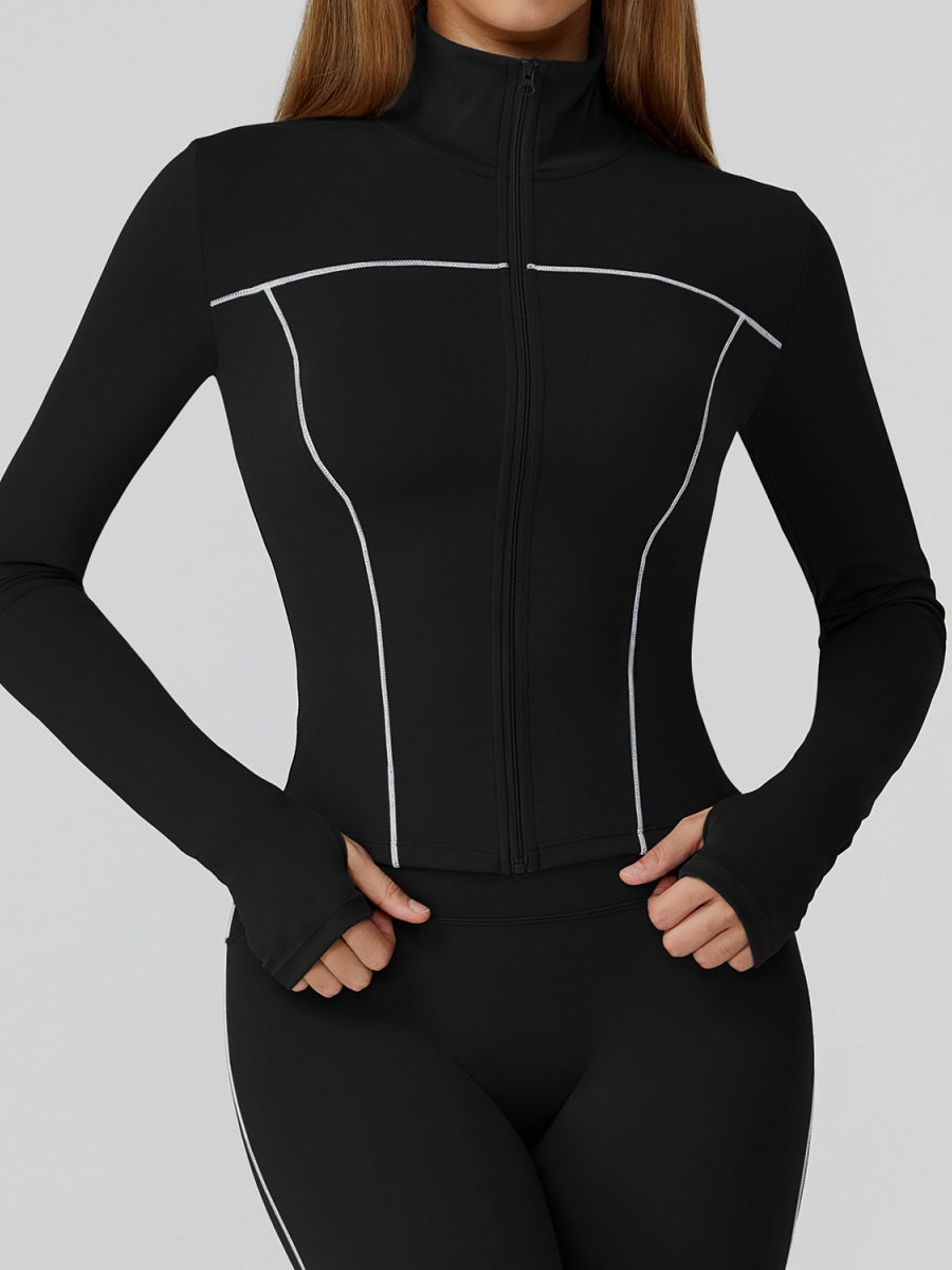 Veste de yoga bicolore en tissu brossé avec fermeture éclair, coupe-vent et ajustée