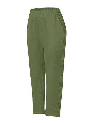 Breathable Cotton And Linen Cropped Trousers With Decorative Side Seams, Side Pockets, And A High Waist.
