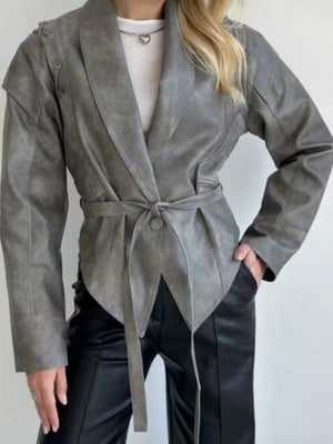 Lapel Lace Up Long Sleeve Leather Jacket