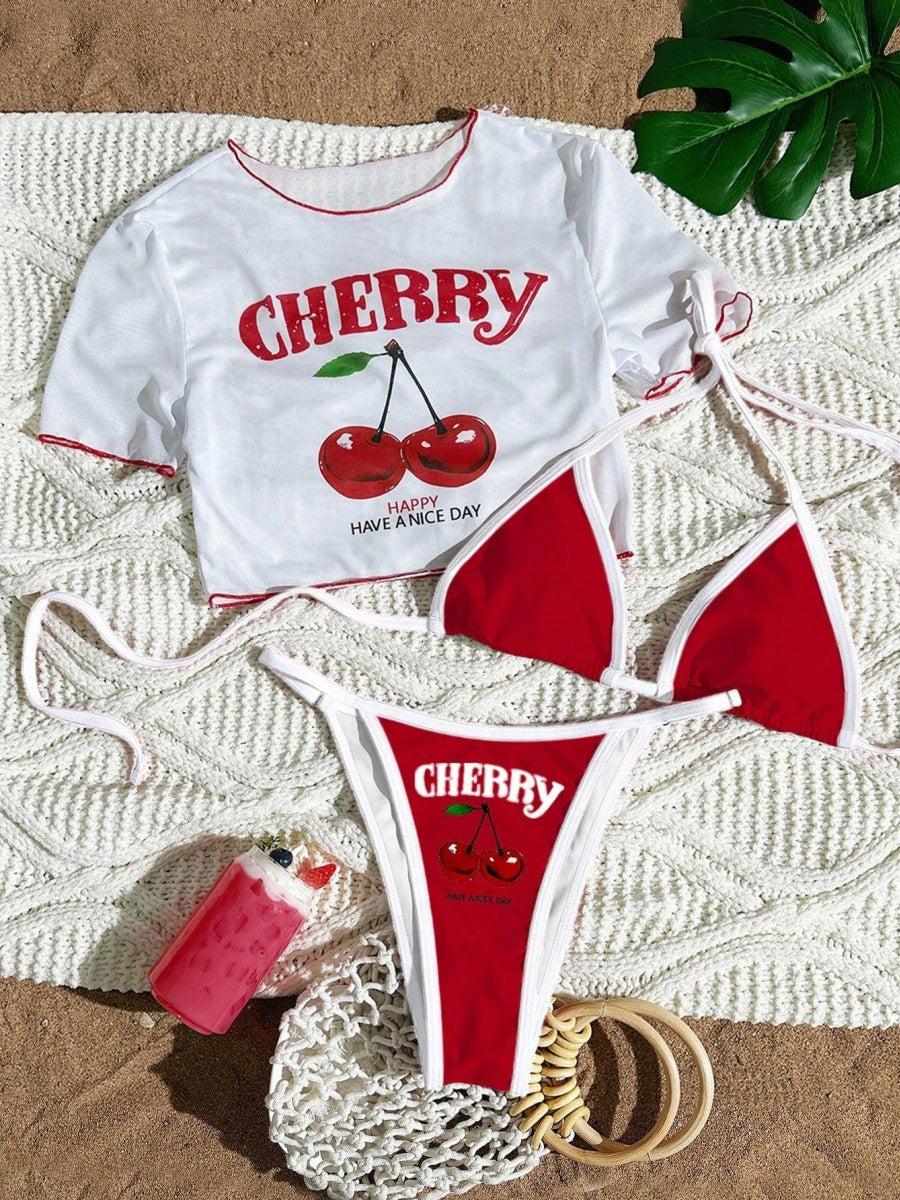 Cherry Print Lace-Up Bikini Three-Piece Set