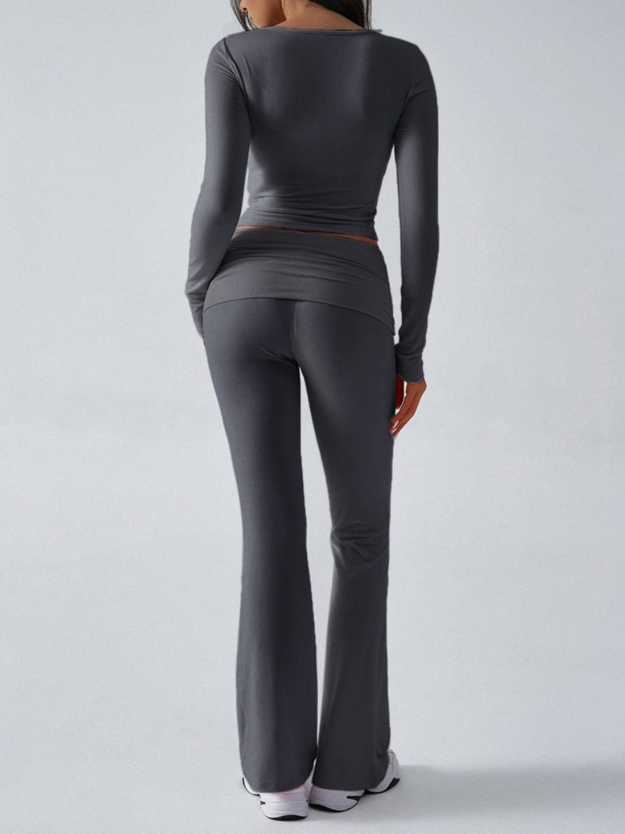 V-neck Long Sleeve Pants Pleated Navel Solid Color 2-piece Sets