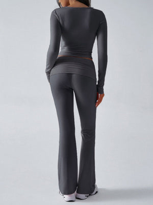 V-neck Long Sleeve Pants Pleated Navel Solid Color 2-piece Sets