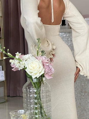 Robe maxi en maille Wood Ear, dos nu, coupe ajustée, taille haute, lacets, manches cloche