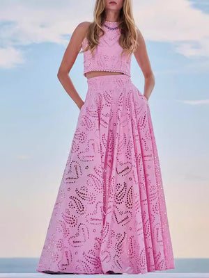 Floral Cutout Sleeveless Top And A-line Skirt Two-piece Vacation Set