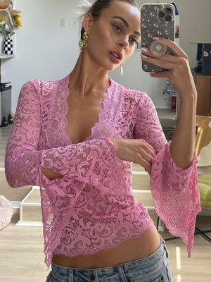 Sexy Deep V Slim Fit Short Navel Trim Long Sleeve Lace Top