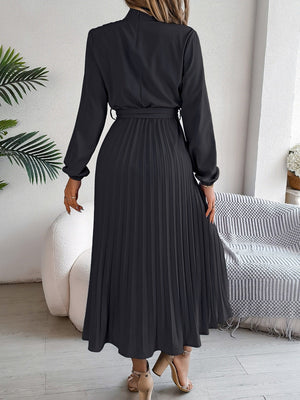 Stand Collar Long Sleeve Waist Pleats Midi Dresses