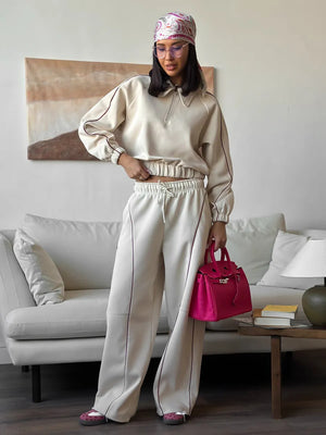 American Retro Color-blocked Striped Tracksuit For Women Two-piece Set: Collared Half-zip Sweatshirt And High-waisted Wide-leg Sweatpants