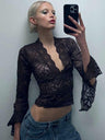 Sexy Deep V Slim Fit Short Navel Trim Long Sleeve Lace Top