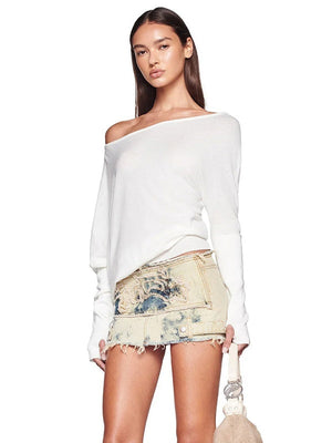 White Loose Leisure Slimming Off-shoulder Hood T-shirts