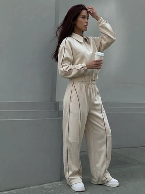 American Retro Color-blocked Striped Tracksuit For Women Two-piece Set: Collared Half-zip Sweatshirt And High-waisted Wide-leg Sweatpants