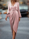 Slit Balloon Sleeve Irregular Long Sleeve Satin Long Skirt
