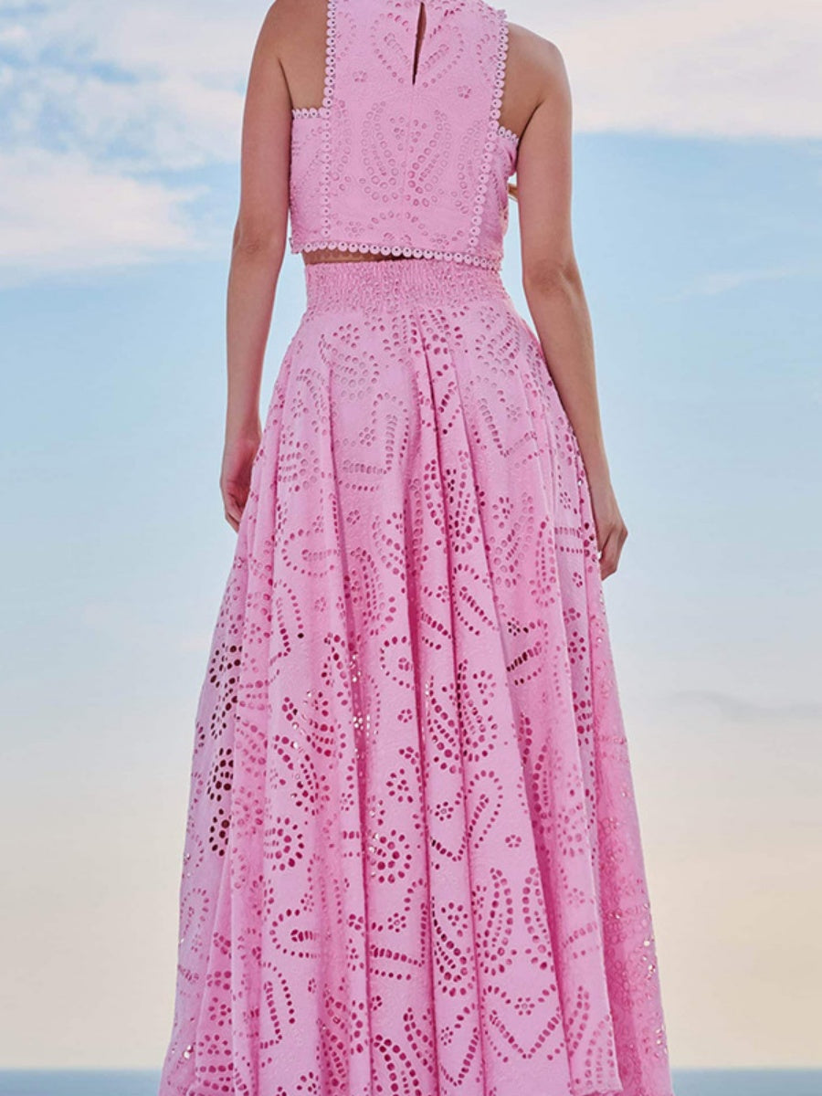 Floral Cutout Sleeveless Top And A-line Skirt Two-piece Vacation Set